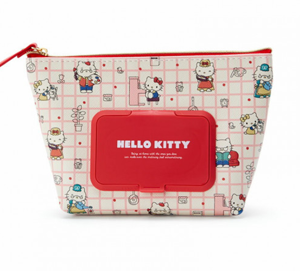 迪士尼 化妝袋硬殼 附濕紙巾蓋 粉hello kitty