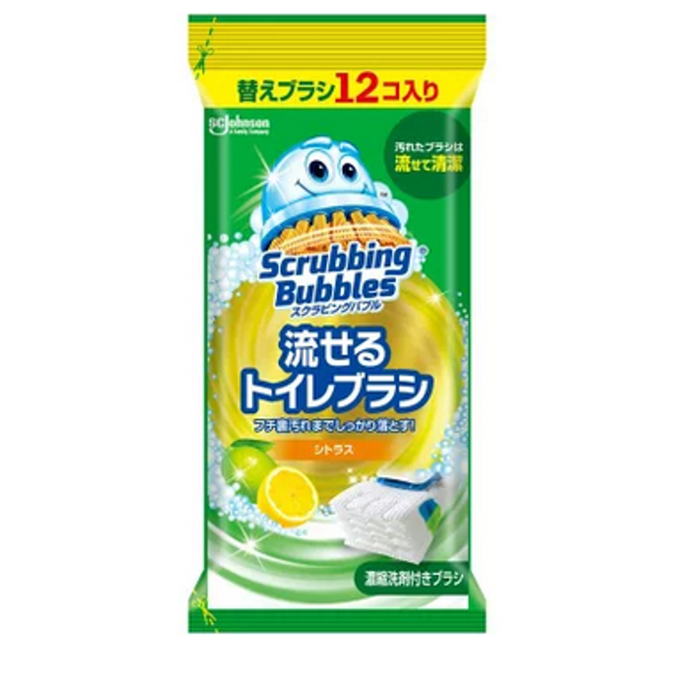 Johnson Scrubbing Bubbles Flushable Toilet Brush Lemon Scent Disposable Refillable 12 pcs（莊臣馬桶清潔刷替換棉頭 柠檬味）
